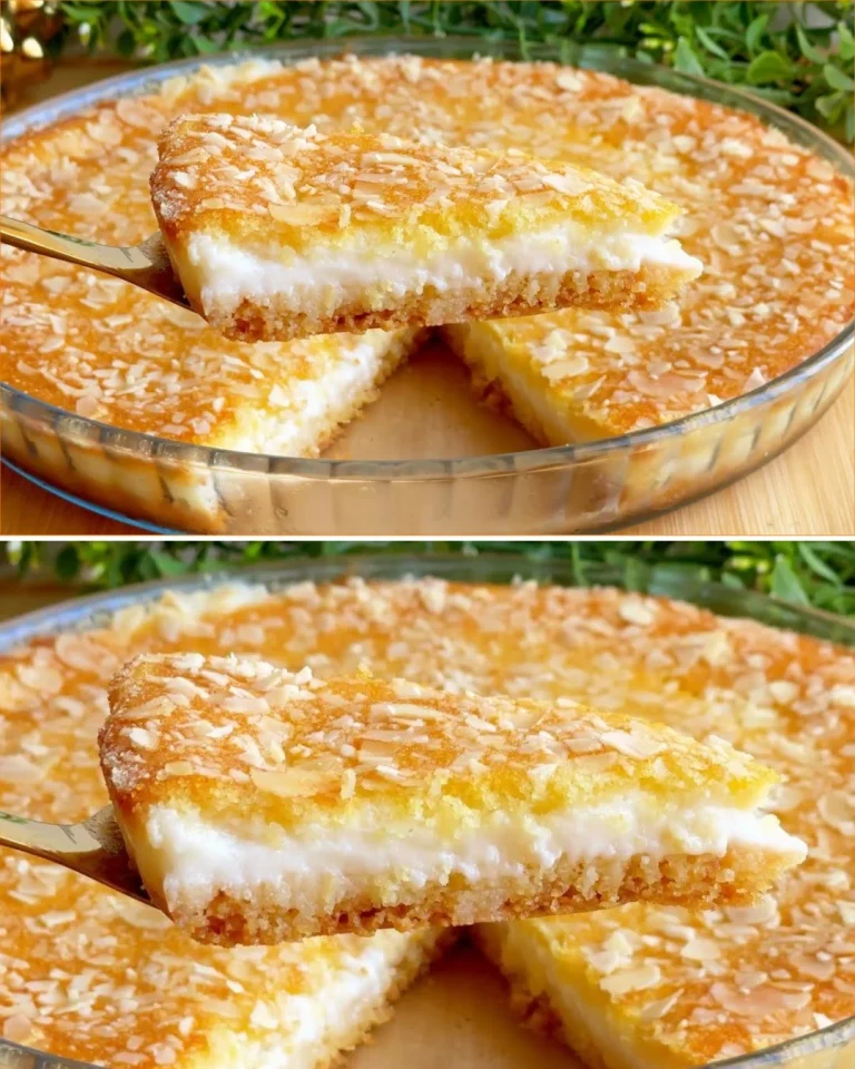 A delicious homemade basbousa topped with almonds and syrup.