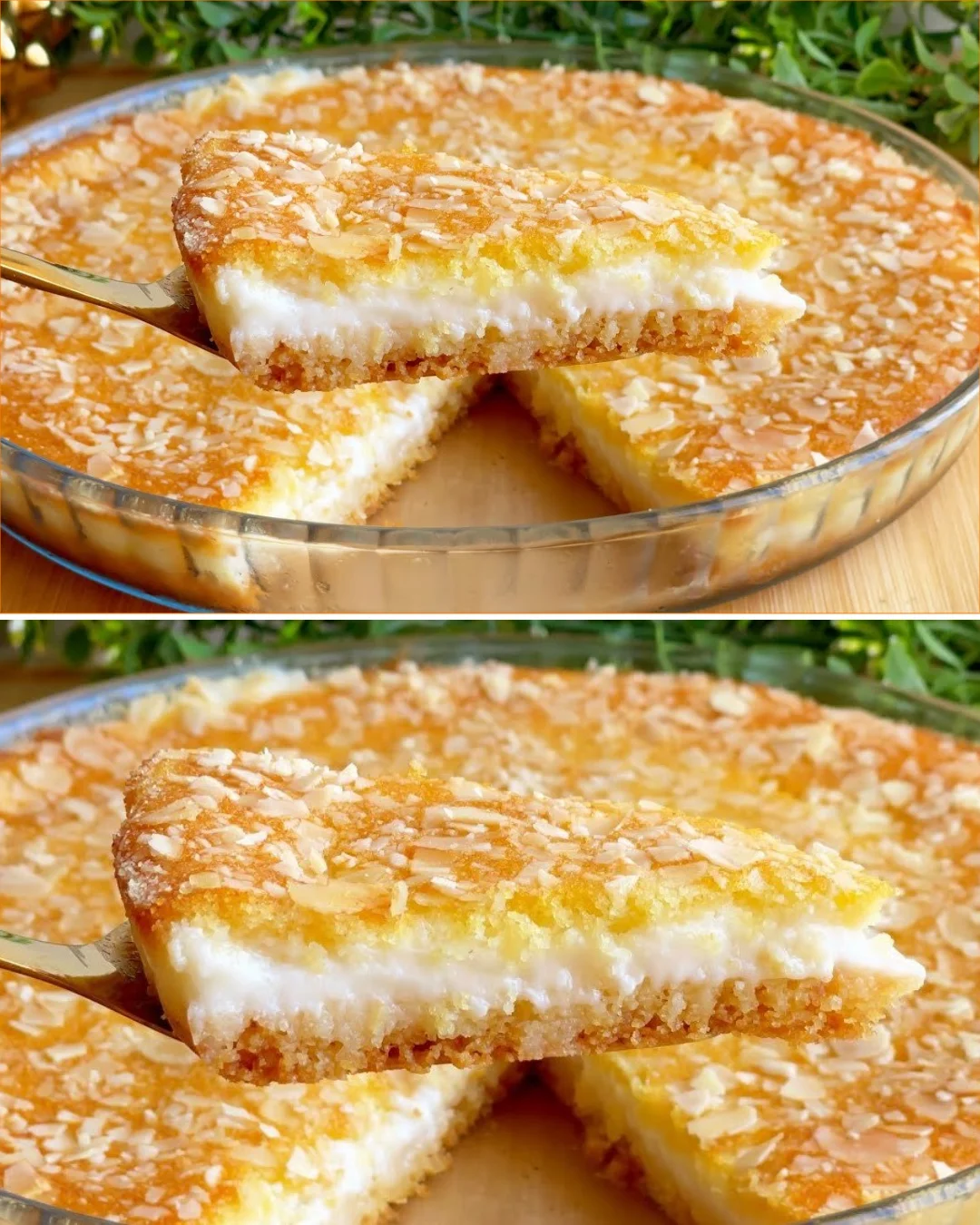 A delicious homemade basbousa topped with almonds and syrup.