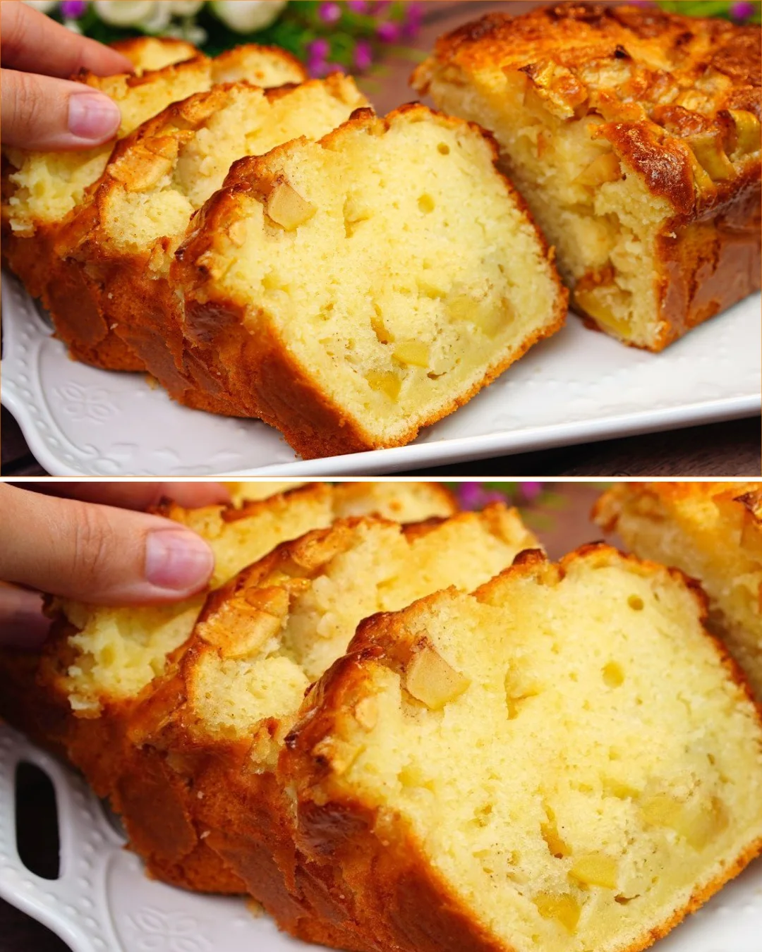 Slice of Minute Apple Cake on a plate with fresh apples