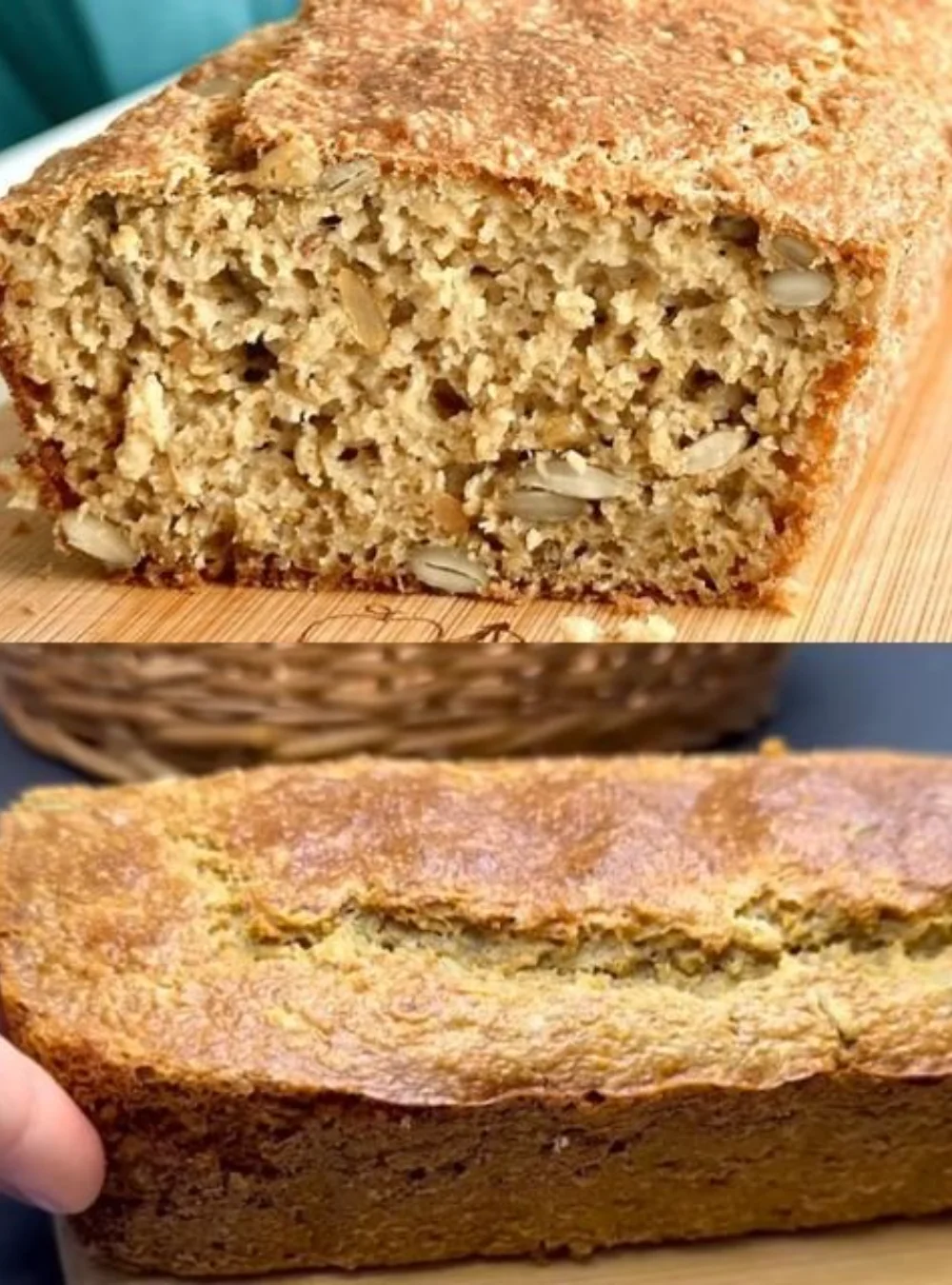 A loaf of healthy oatmeal bread made without flour or butter on a wooden table.