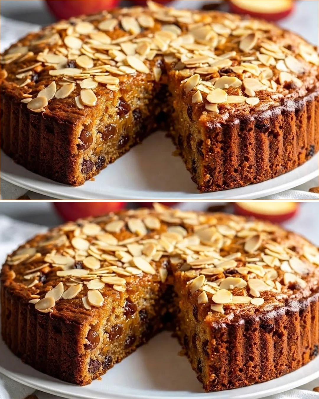 A slice of oatmeal yogurt cake topped with fresh fruits and nuts