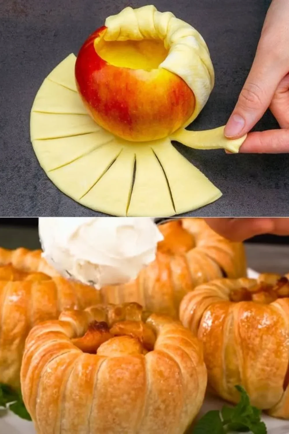 Puff pastry wrapped baked apples served with cinnamon cream topping.