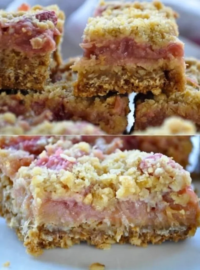 Delicious Rhubarb Oatmeal Bars displayed on a wooden table.