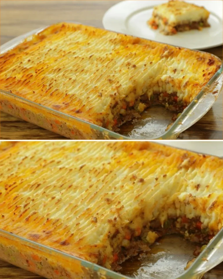 Delicious homemade Shepherd's Pie served in a rustic dish.