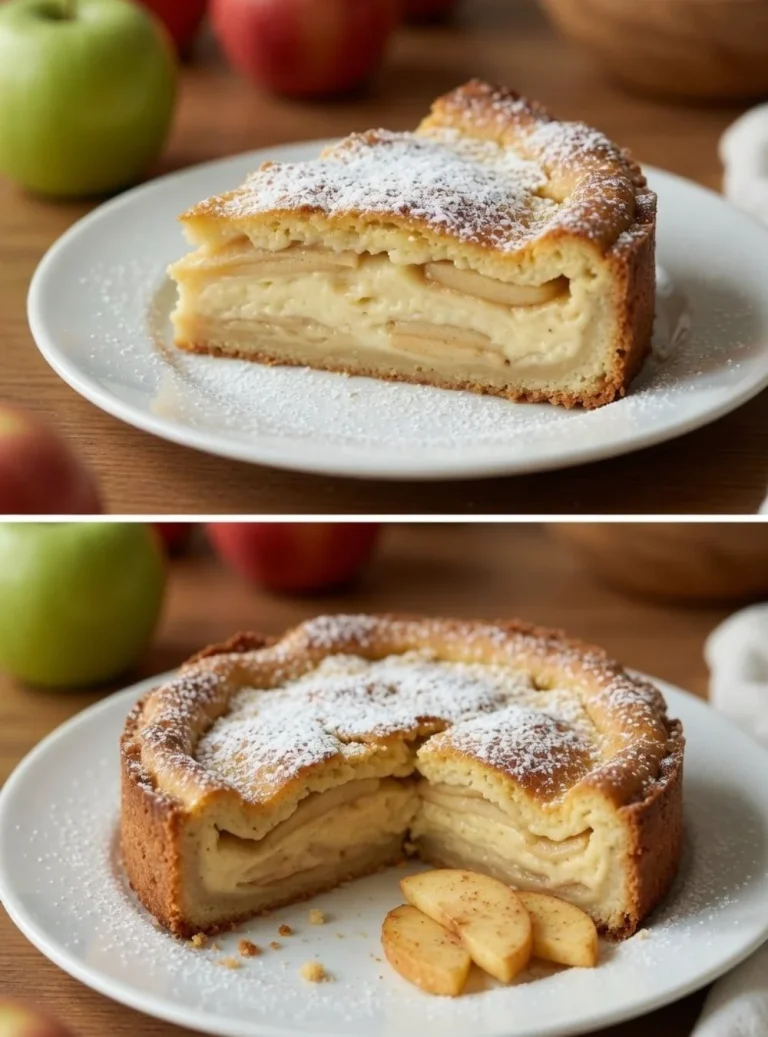 Slice of invisible apple pie showcasing hidden apples and flaky crust.