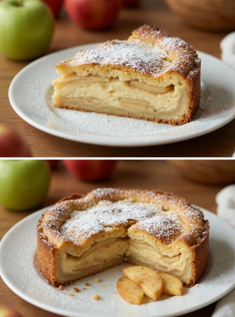 Slice of invisible apple pie showcasing hidden apples and flaky crust.