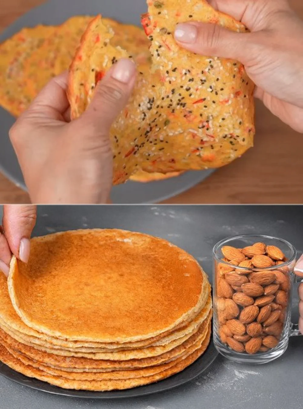 Almond Flatbread with protein-packed filling served on a wooden board.