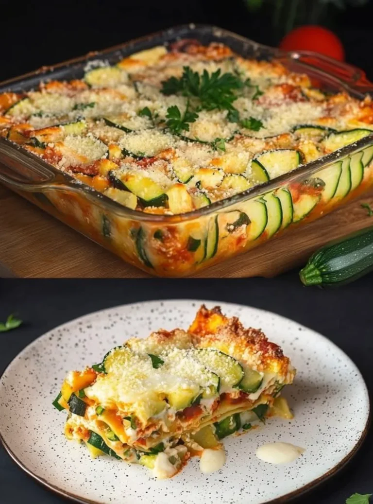 Baked zucchini with cottage cheese and garlic yogurt sauce on a plate