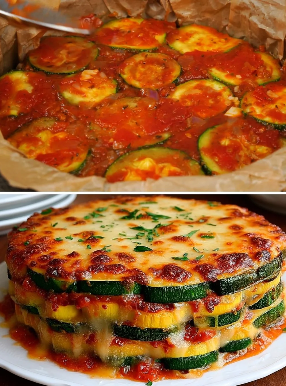 Baked zucchini with tomato sauce and cheese crust on a plate