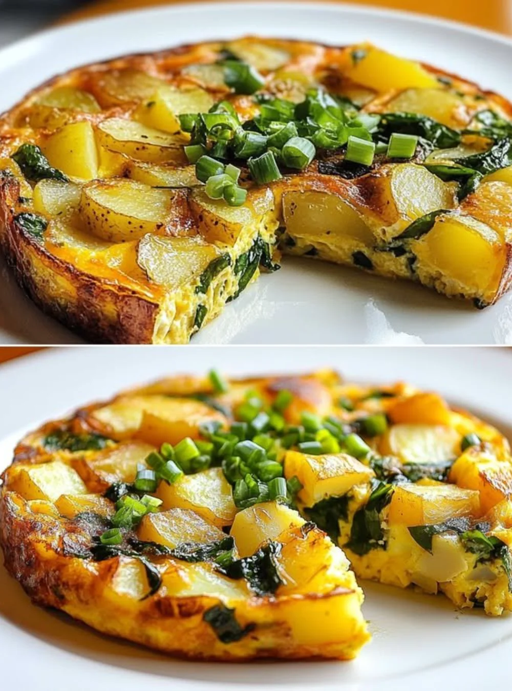 Fluffy potato spinach omelette served on a plate