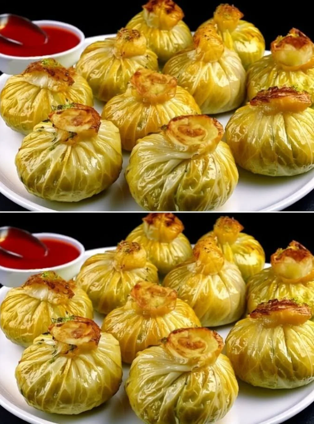 Plate of homemade cabbage momos, delicious dumplings filled with cabbage.