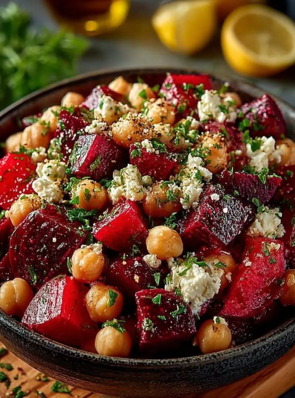 Chickpea Beet Feta Salad with Lemon Dressing, featuring colorful beets and feta cheese.