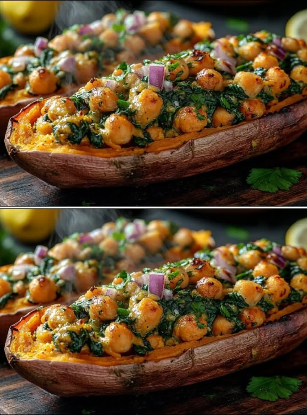 Stuffed sweet potatoes with chickpeas and walnut sauce for a cozy dinner.