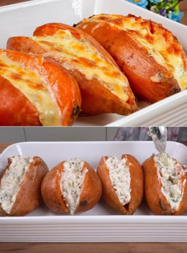 Baked sweet potatoes topped with cream cheese and mushrooms, garnished for flavor.