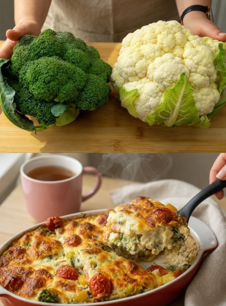 Creamy broccoli cauliflower soup in a bowl, garnished with herbs