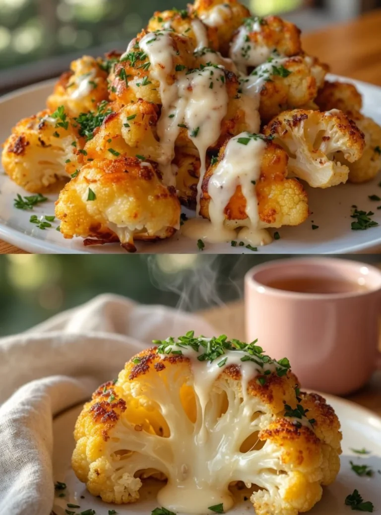 Creamy cheesy baked cauliflower dish served warm in a cozy dinner setting