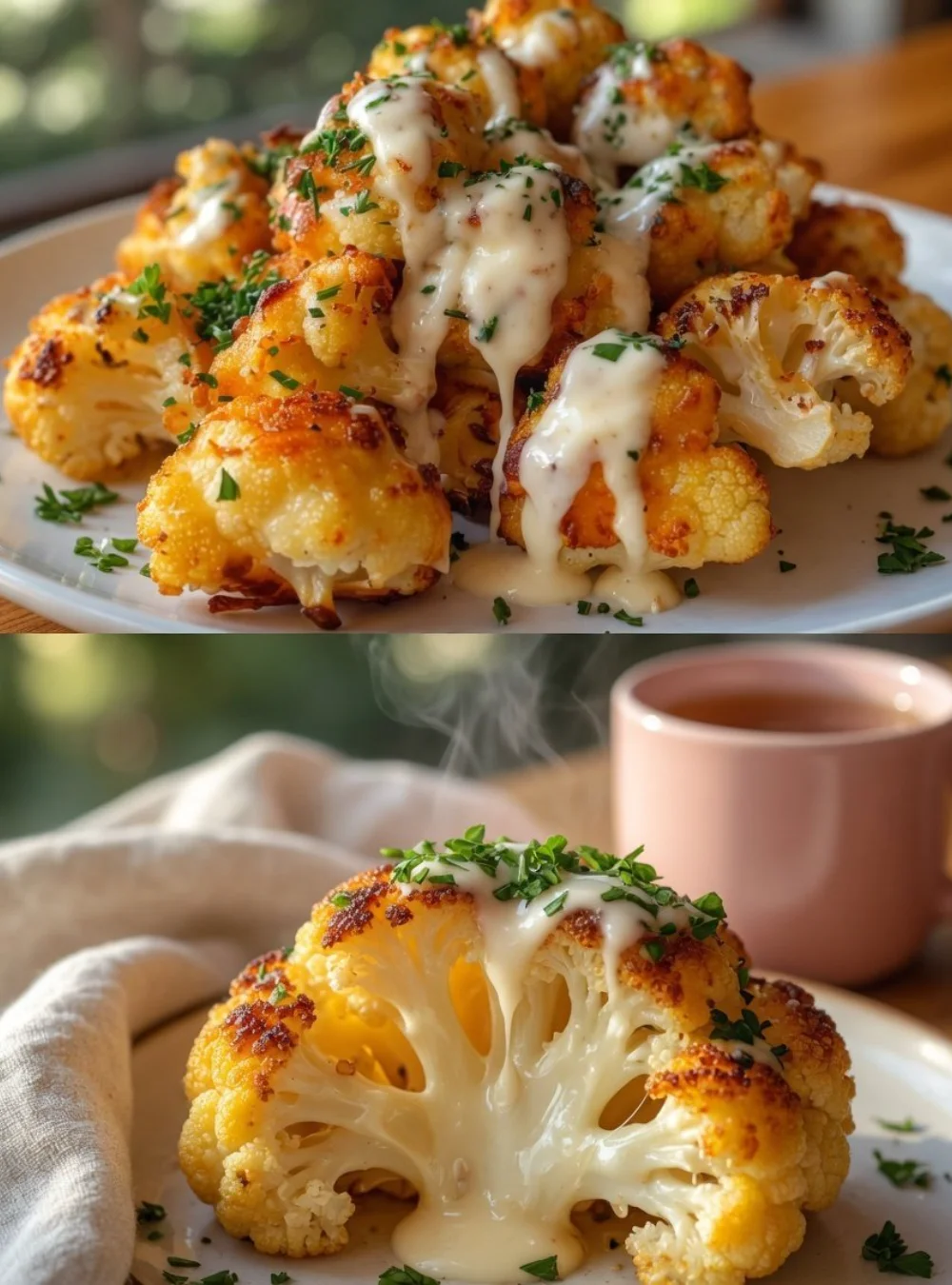 Creamy cheesy baked cauliflower dish served warm in a cozy dinner setting