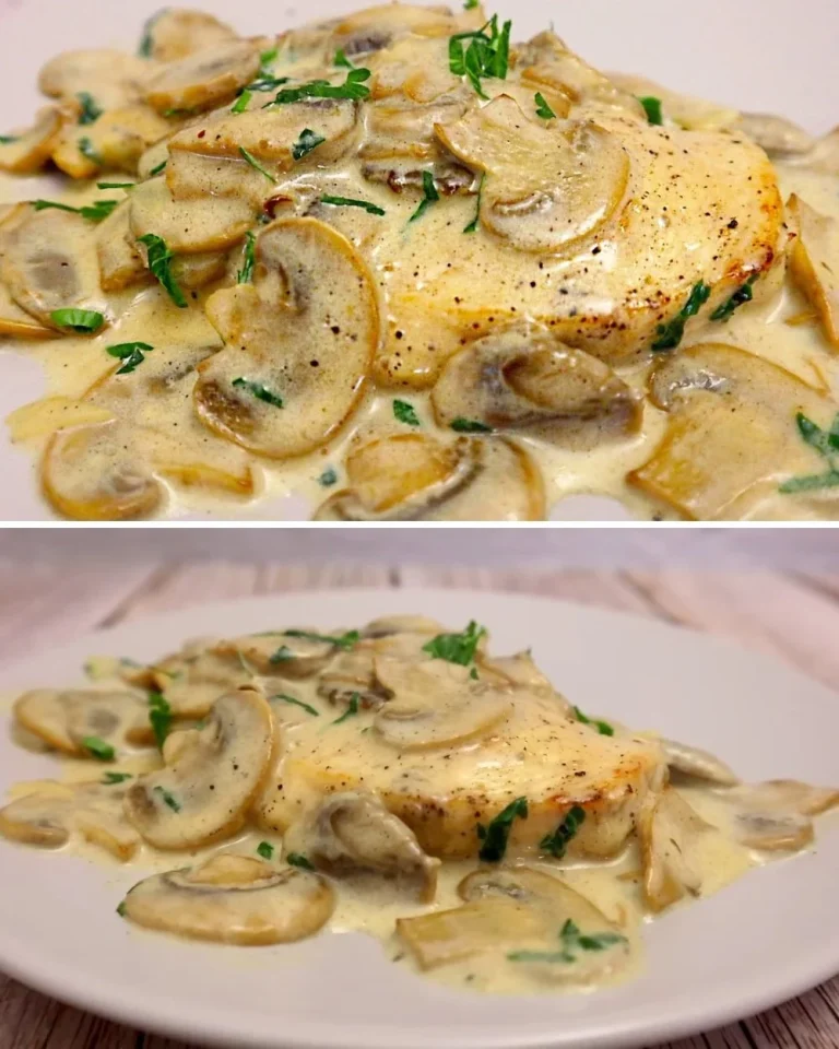 Creamy mushroom chicken breast served with pasta and herbs