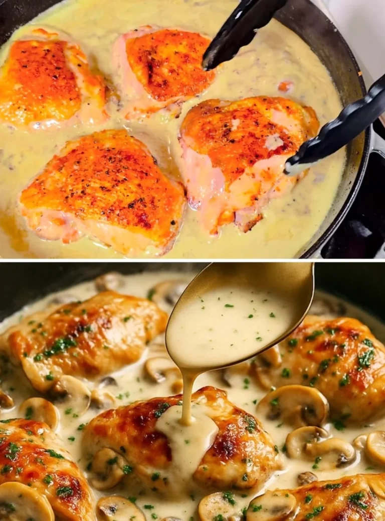 Creamy mushroom chicken dish served in a pan