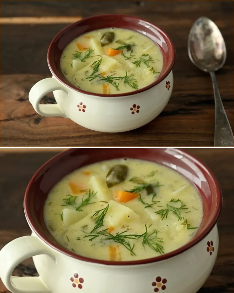 Bowl of creamy potato soup topped with pickles, showcasing a unique flavor twist.