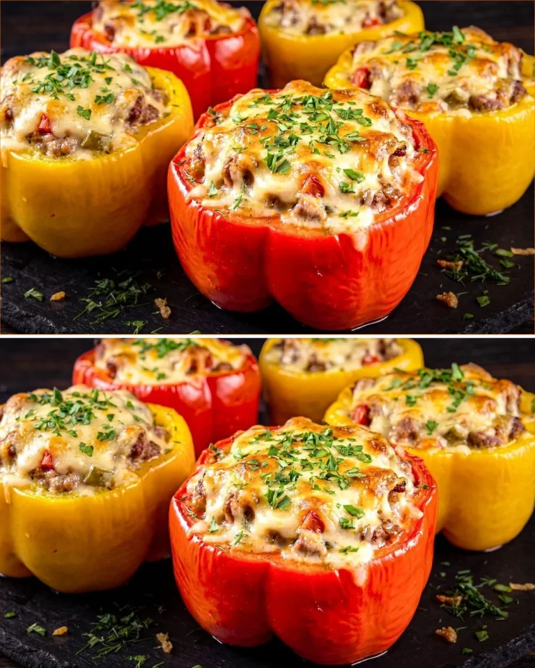 Creamy potato topping served on stuffed peppers for a delicious meal