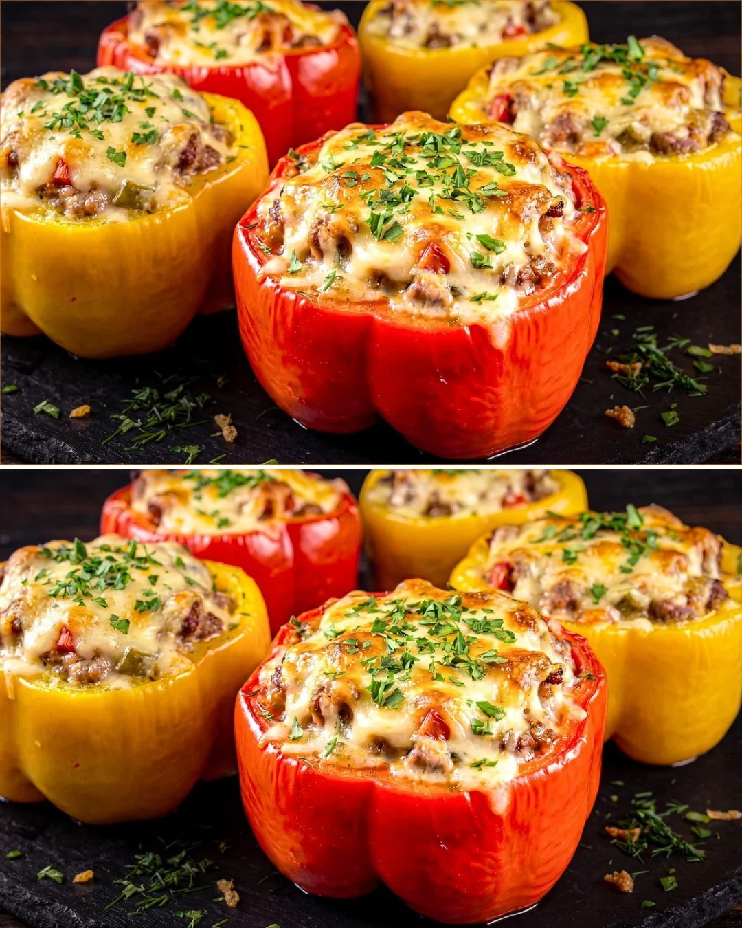Creamy potato topping served on stuffed peppers for a delicious meal