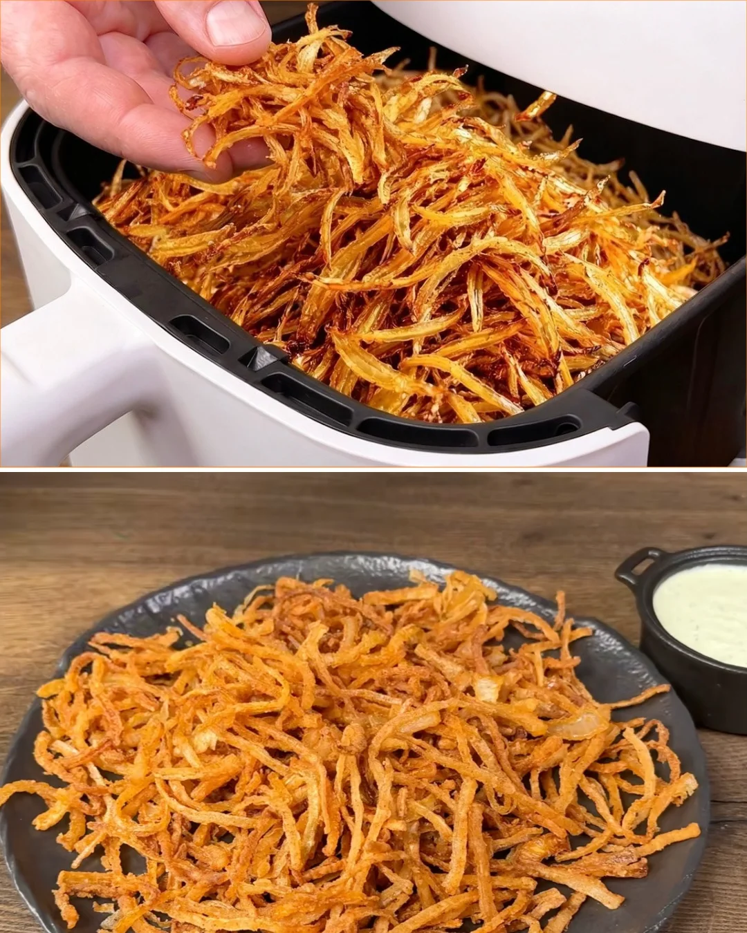 Crispy air fryer onions served with a savory dipping sauce.