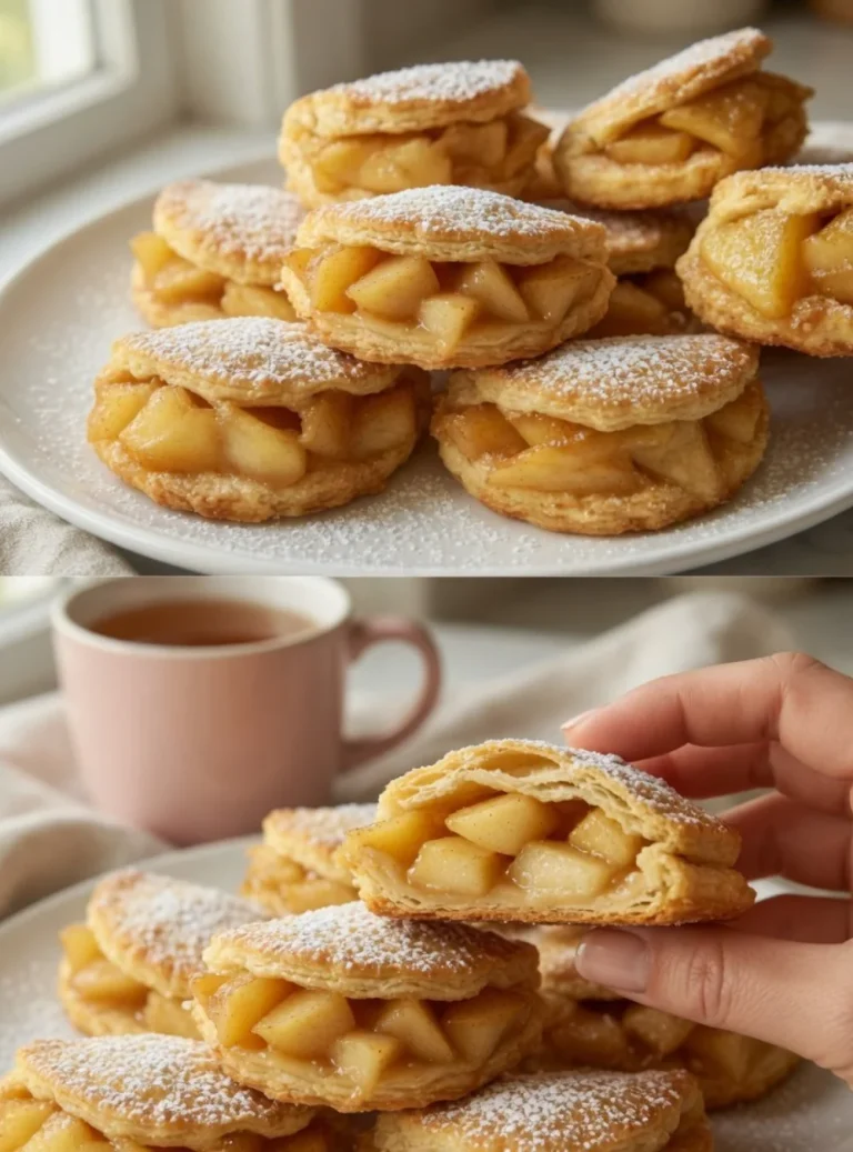 Crispy apple-filled pastries dusted with powdered sugar on a wooden table