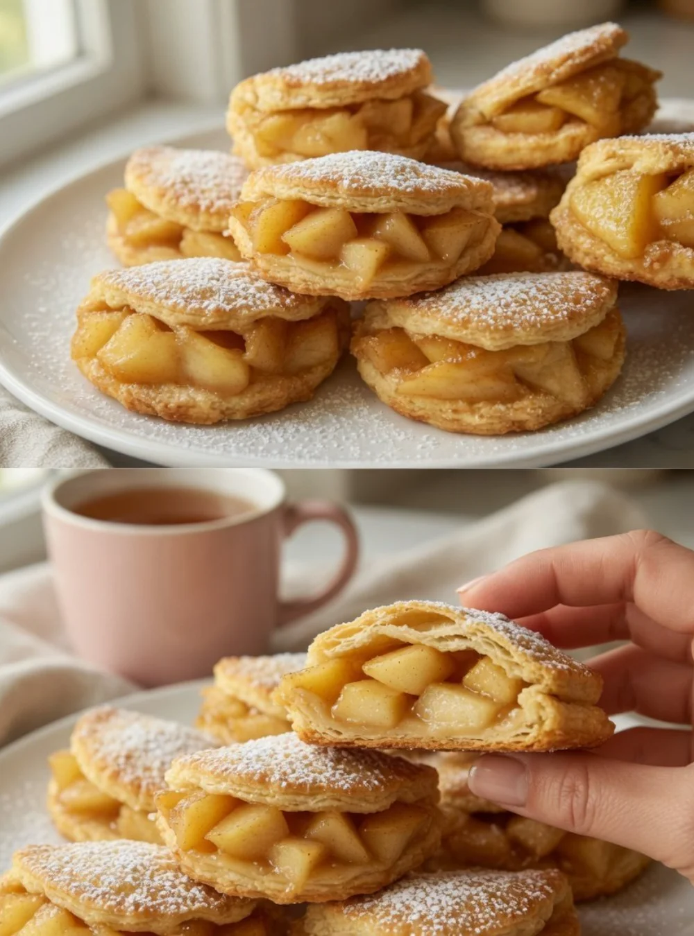 Crispy apple-filled pastries dusted with powdered sugar on a wooden table