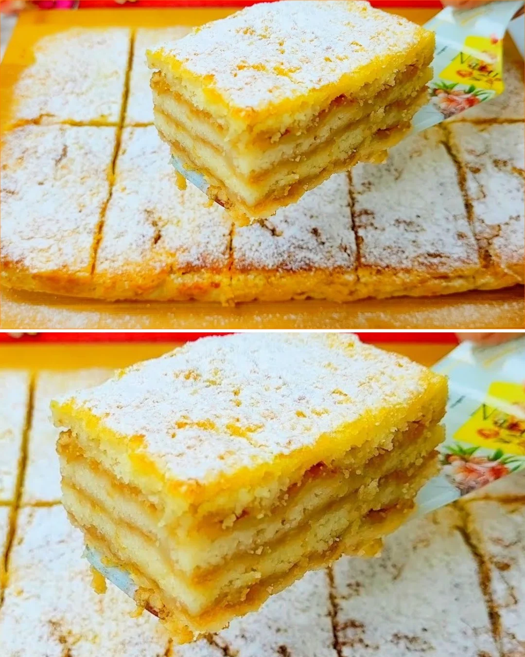 Crispy apple semolina tart with cinnamon on a rustic wooden table.