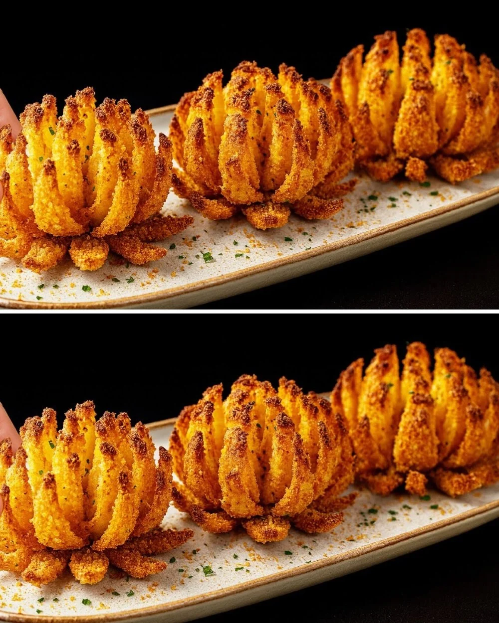 Crispy baked onion rings served with fresh cucumber avocado sauce