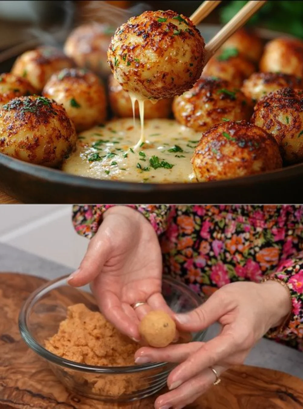 Plate of crispy chickpea balls served with zesty lemon herb sauce.