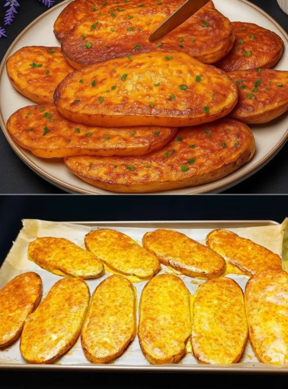 Crispy creamy baked potatoes topped with melted cheese ready to serve.