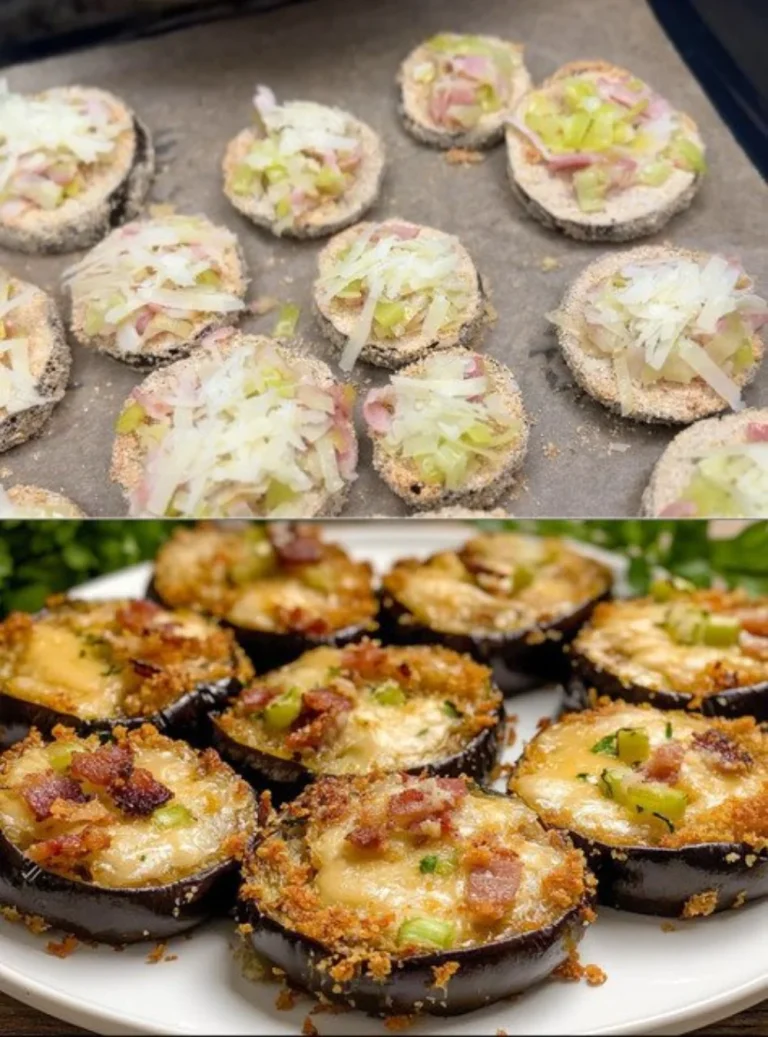 Crispy Eggplant Bake topped with bacon and leeks served in a baking dish