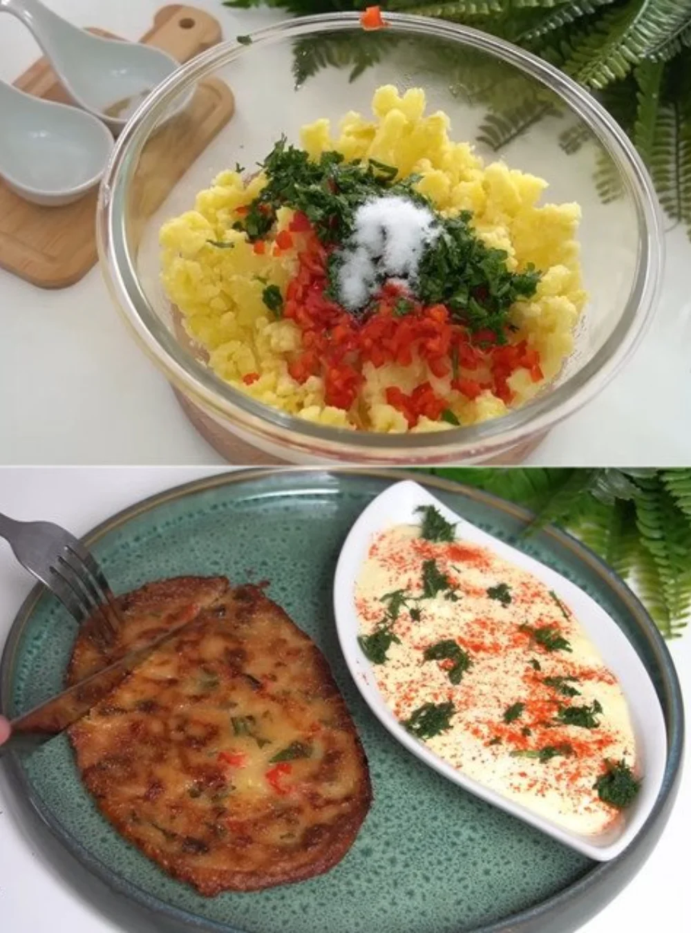 Crispy potato schnitzel served with creamy yogurt sauce on a plate