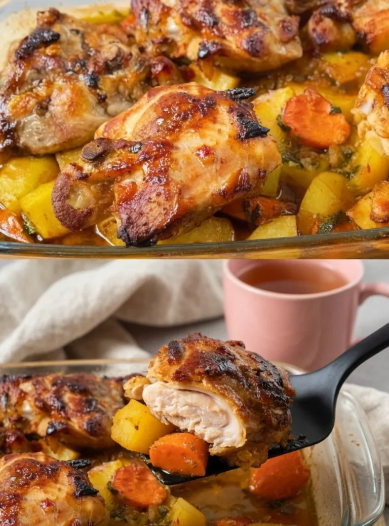 Crispy roasted chicken thighs with golden brown potatoes on a plate
