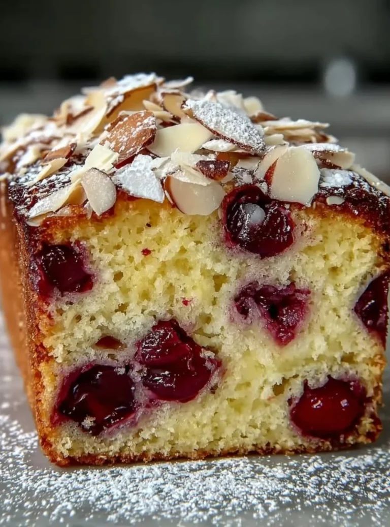 Slice of Croissant Cherry Almond Cake topped with almonds and cherries