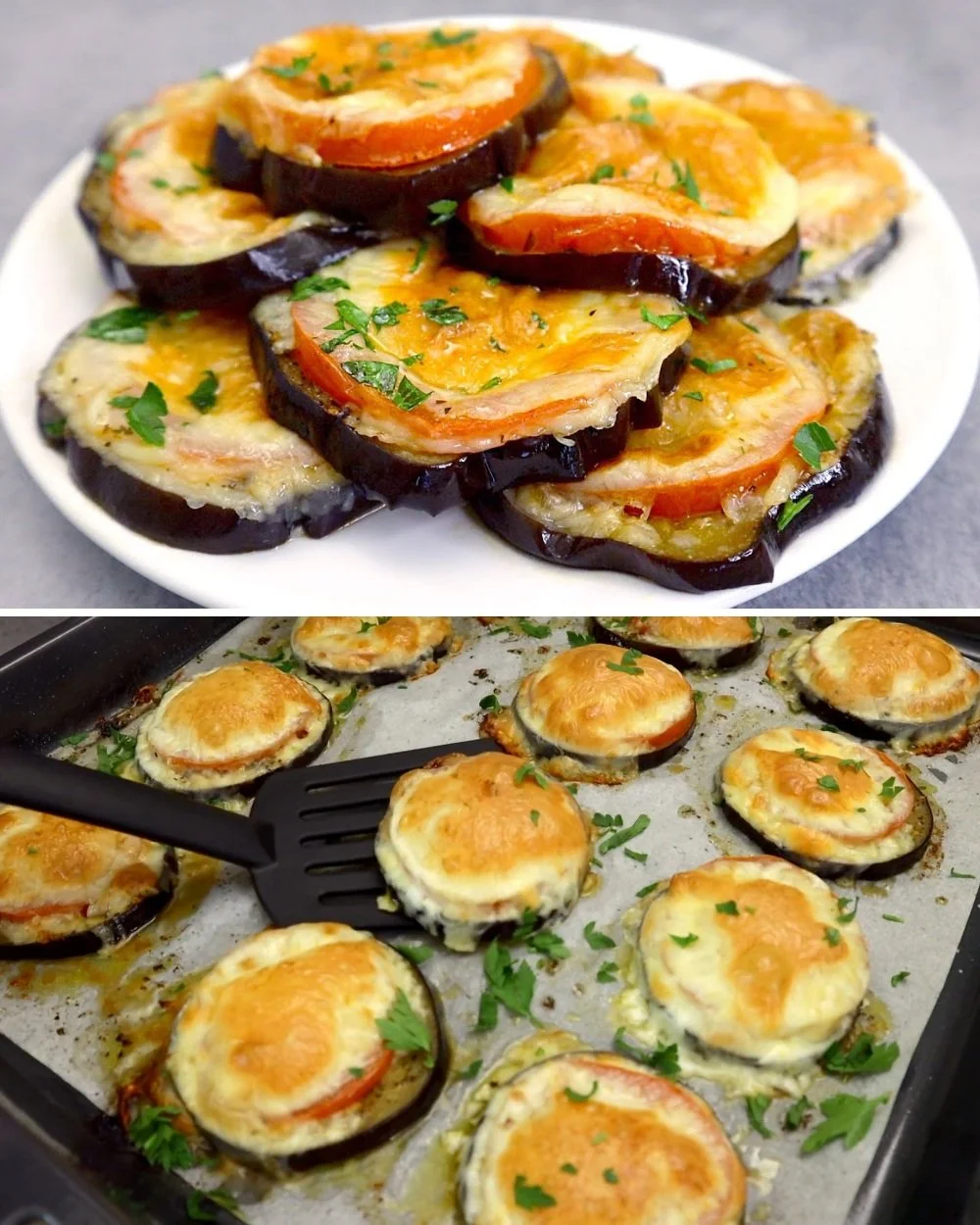 Delicious oven-baked eggplant appetizer garnished with herbs and spices