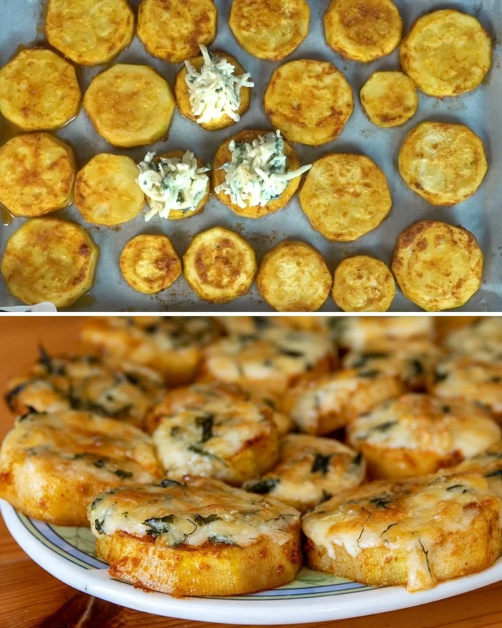 Easy cheesy zucchini snack recipe with melted cheese and fresh zucchini slices.