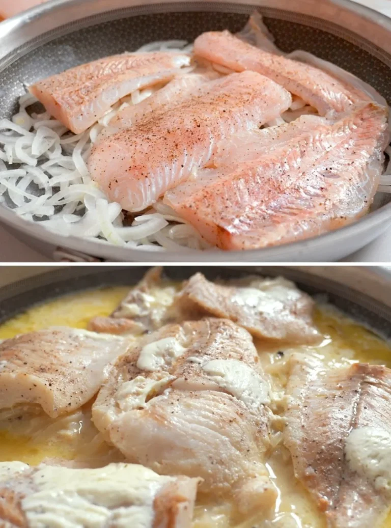 Plate of creamy fish in sour cream sauce served with vegetables