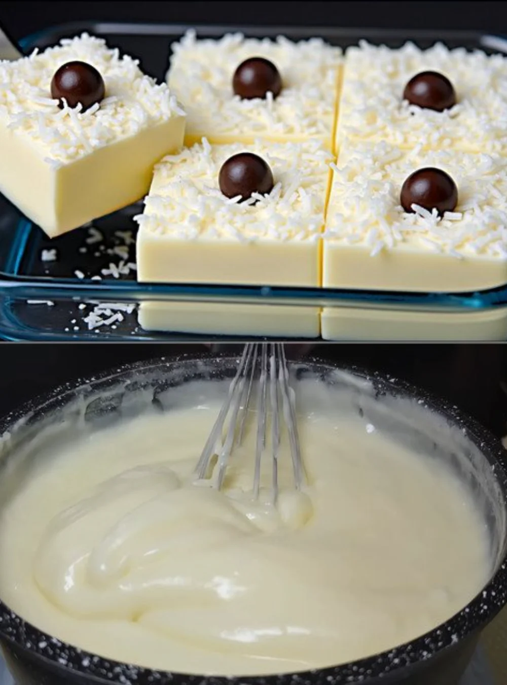 Creamy dessert with milk, condensed milk, and chocolate glaze