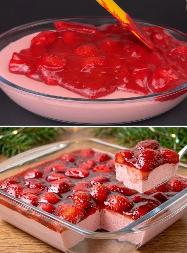 Delicious easy strawberry creamy dessert topped with fresh strawberries