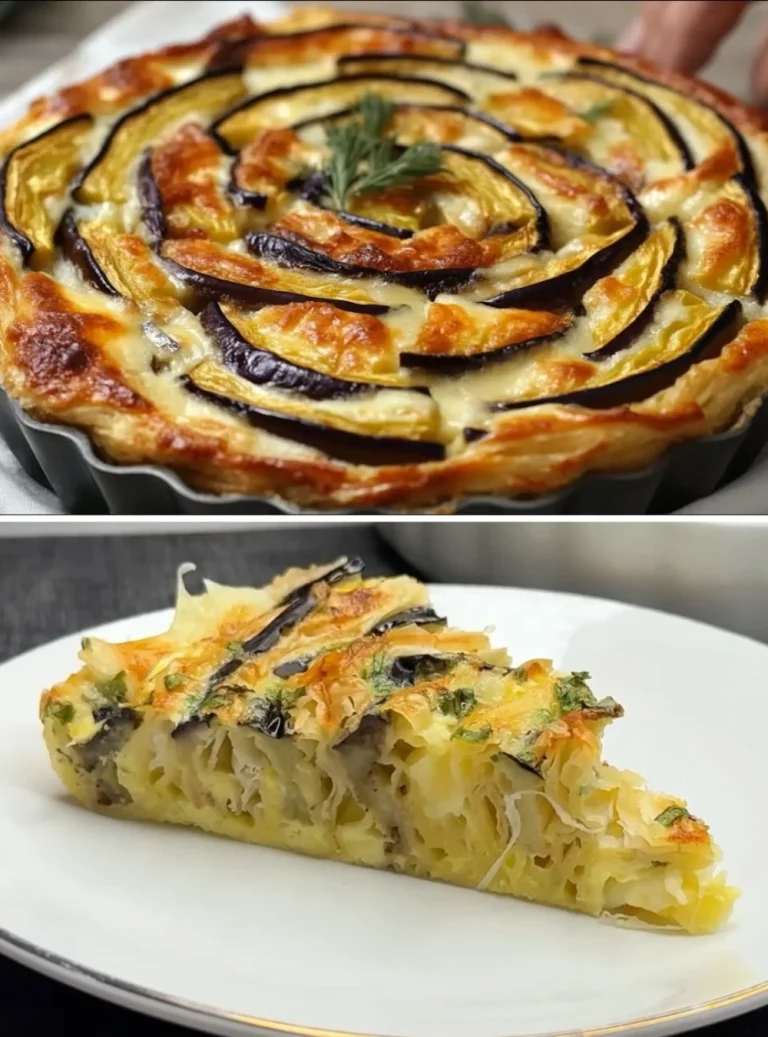 Delicious eggplant and cheese filo pastry pie served on a plate.