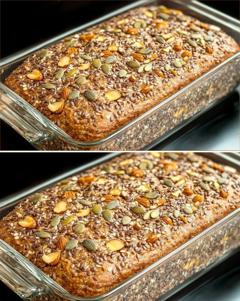 Freshly baked flourless super seed bread with a variety of seeds on top.