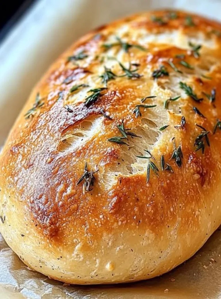 Crispy garlic bread without kneading, topped with butter and herbs.