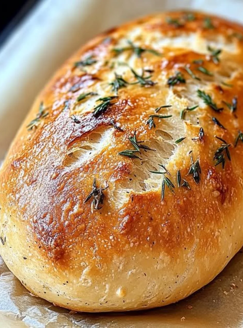 Crispy garlic bread without kneading, topped with butter and herbs.
