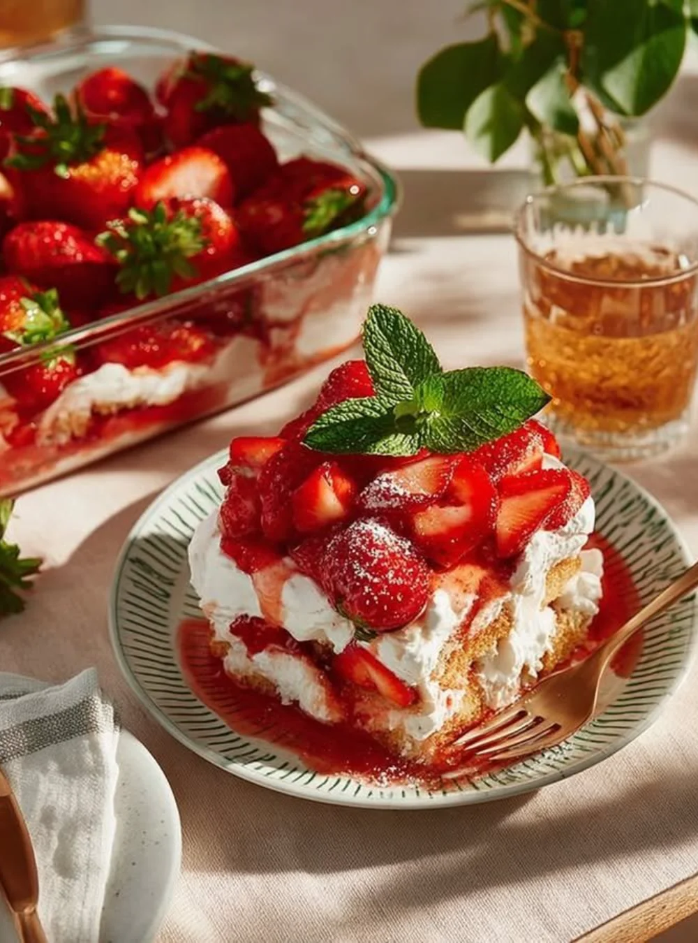 Layers of Grandma's summer strawberry tiramisu with fresh strawberries and mascarpone cream
