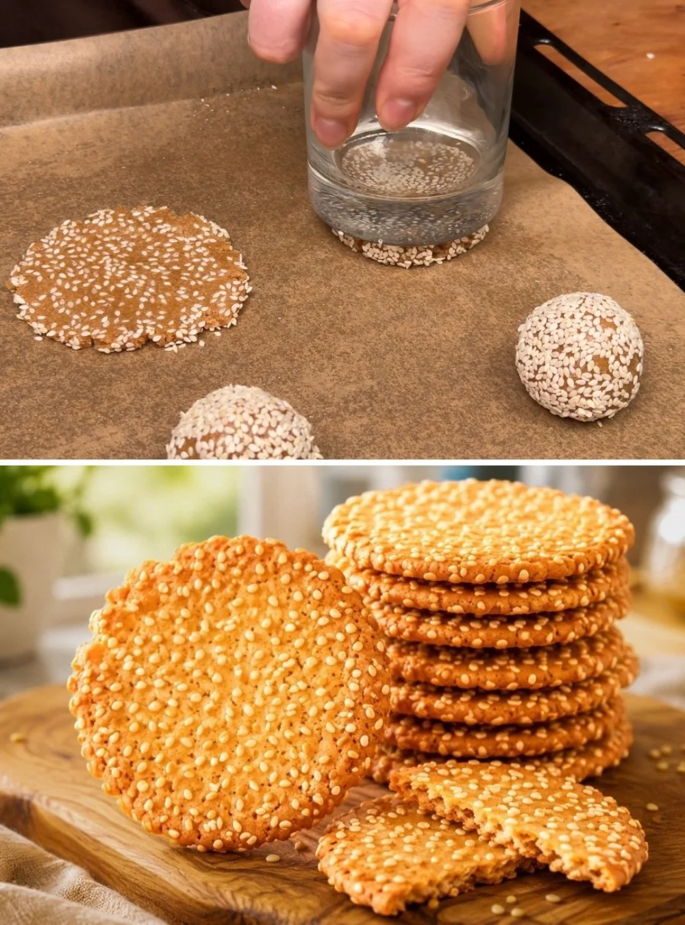 Baked healthy oat sesame cookies on a baking tray.
