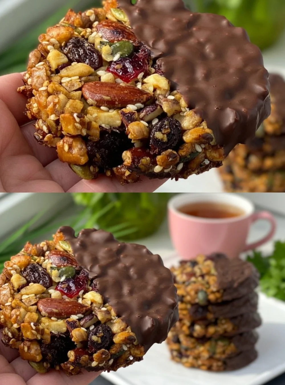 Indulgent chocolate-dipped nut and seed cookies on a plate