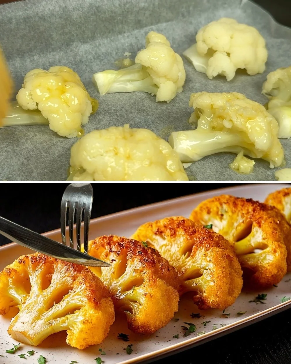 Delicious cauliflower recipe served on a plate with fresh herbs
